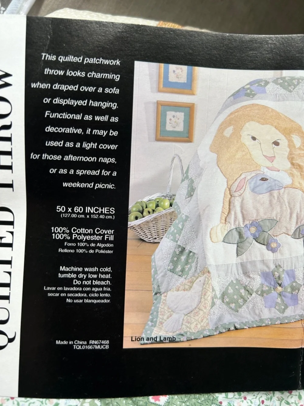 Lion & Lamb Quilted Patchwork Throw in colorful grannysquares nursery zoo ark